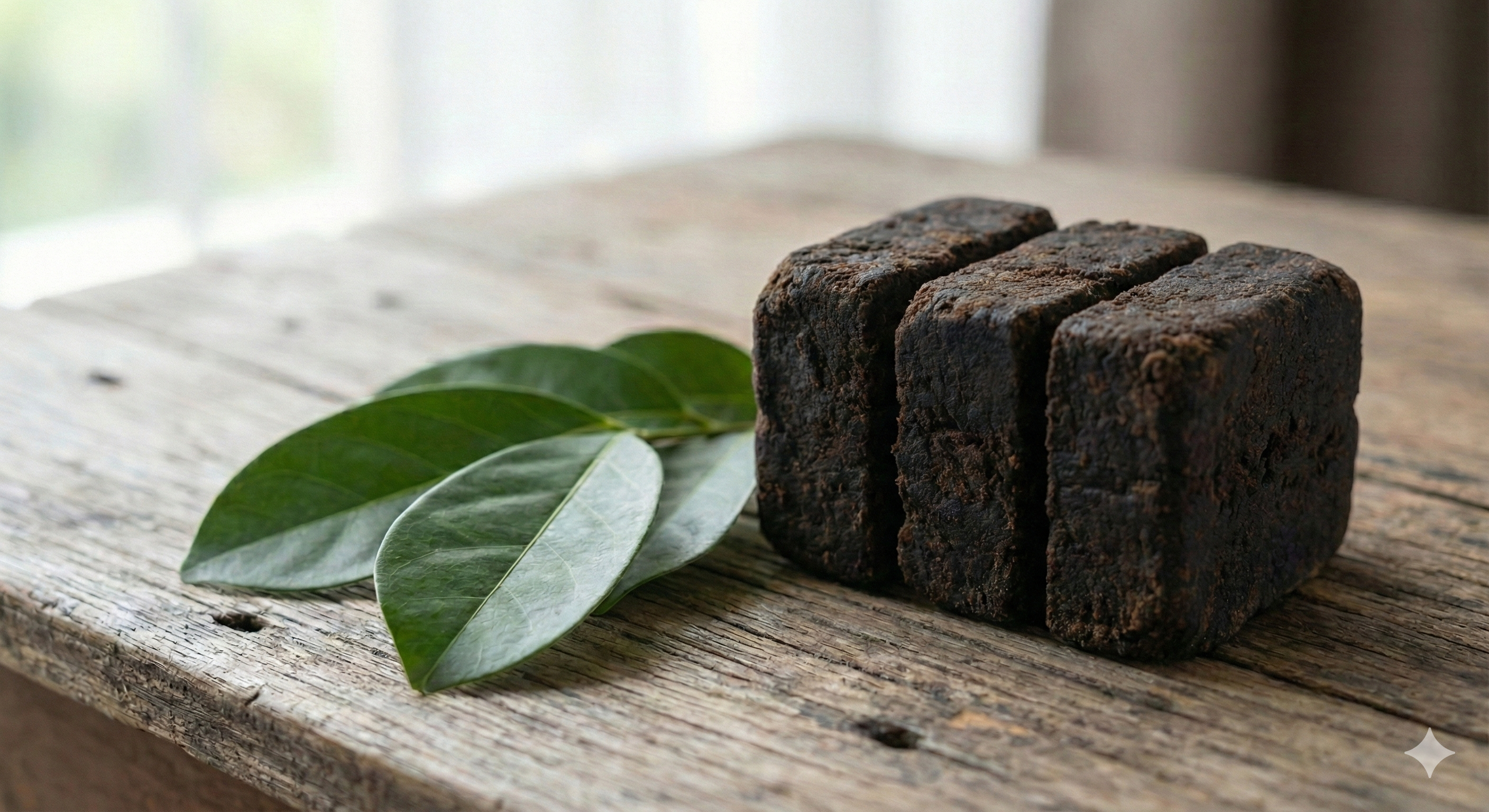 Macro photography of raw, dried Sarawak Gambir cubes stacked on a rustic wooden table. The texture is rough, earthy, and dark brown. Next to them are fresh green Gambir leaves. Natural light, shallow depth of field.